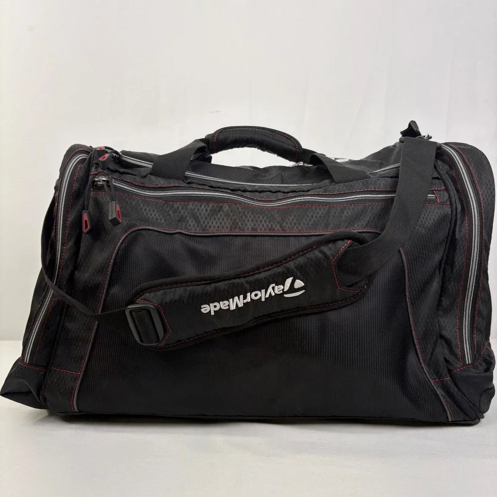 TaylorMade Black Golf Duffel Bag Red Stitching Travel Gym Sports Carryall